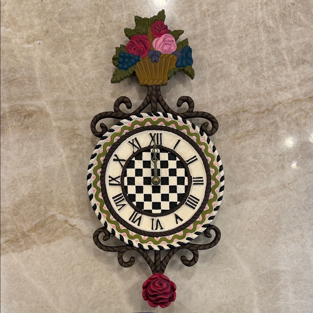 MacKenzie-Childs Black and White Checkered Wall Clock with Floral Accents